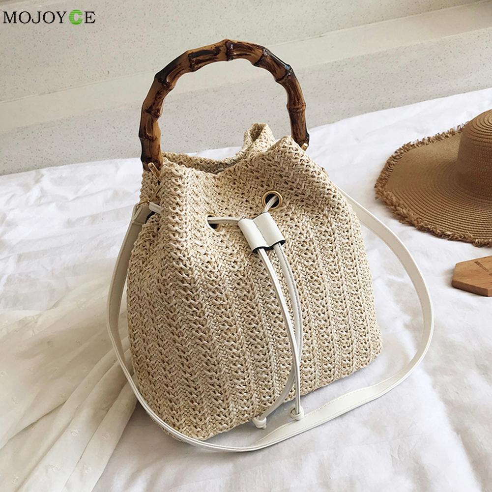 Straw Rope Woven Drawstring Shoulder Pouch Women Handmade Woven Bohemian Summer Beach Vacation Top-handle Bucket Handbag