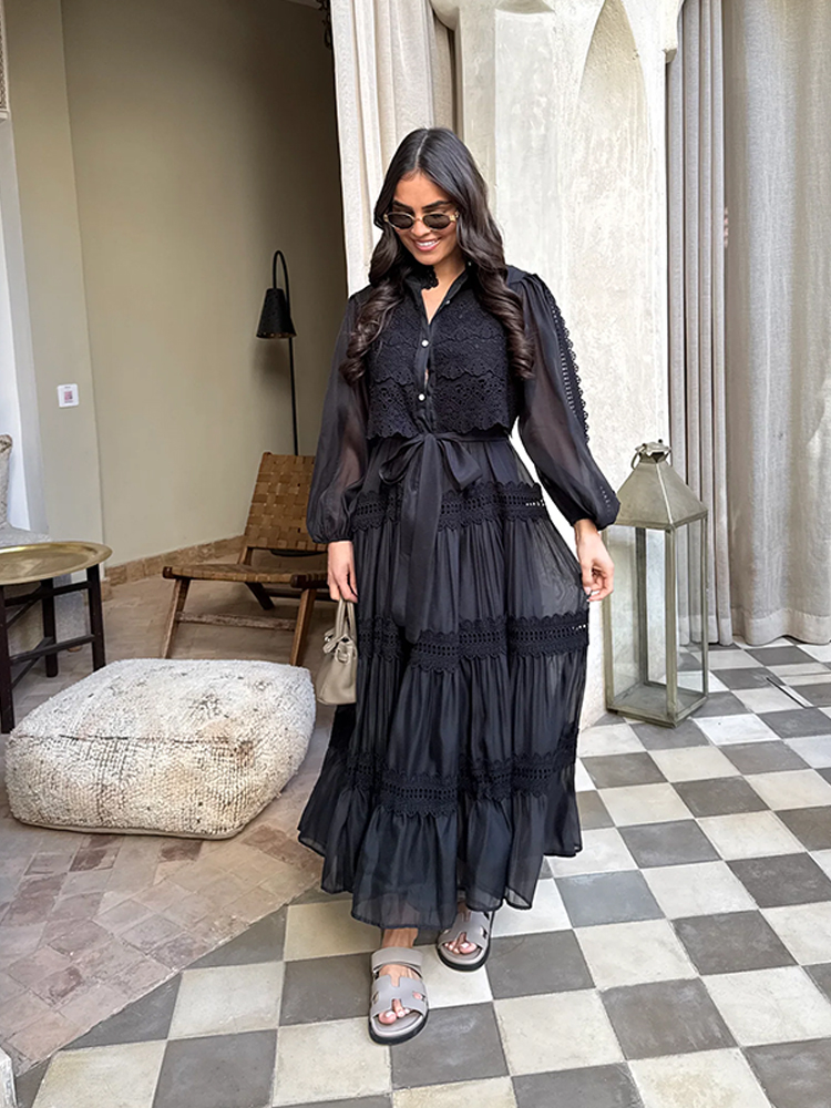 Vestido Floral calado de manga larga para mujer, vestido largo plisado con solapa y mangas acampanadas, con cordones y una hilera de botones