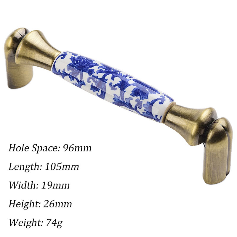Tiradores de cerámica para armarios y cajones, pomos de puerta redondos con flores azules, tiradores de muebles Vintage, tiradores de armario de bronce antiguo: Negro / oro