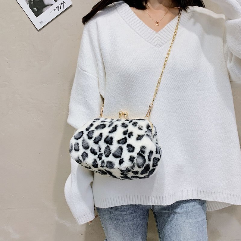 Luipaard Patroon Koppelingen Zak Winter Warm Pluche Avondtassen Vrouwen Messenge Tas Dames Party Handtassen Bolsas