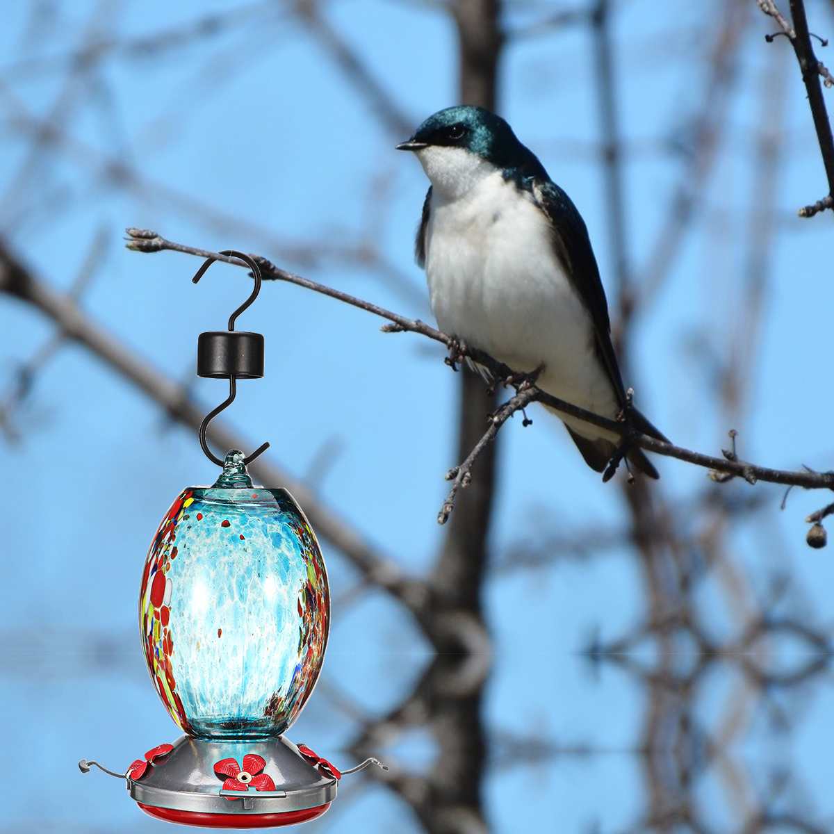 Bird Feeder Hummingbird Feeder Bird Perch For Outdoors Patio Hand Blown Glass Hummingbird Feeder