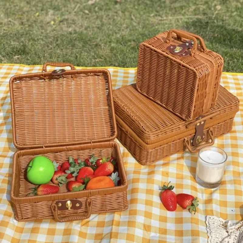 retro Rattan Koffer handgemachte Weide Picknick Lagerung Korb Reise Camping Lebensmittel Snack Gepäck Container Stroh gewebt Koffer
