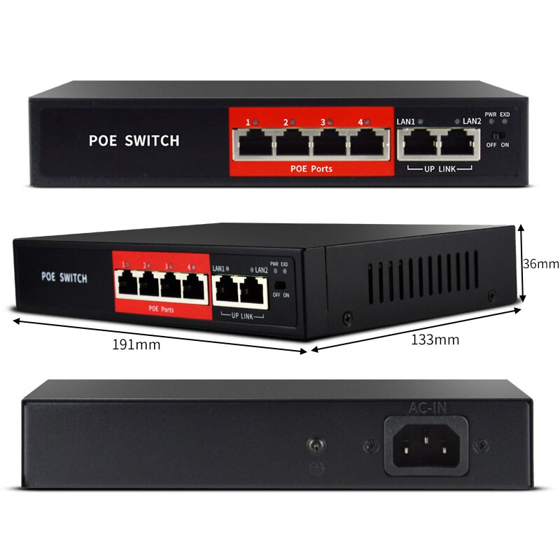 4 + 2 Ports 48V interrupteur Ethernet pour caméra IP 1236 alimentation 4CH commutateur POE IEEE802.3af/à injecteur PoE
