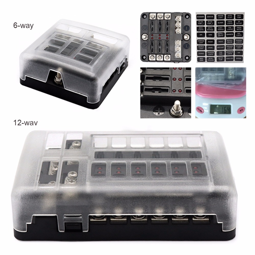 DC 12-32V Truck Motorhome Coach Boat Bus Bar Power Distribution Block Double Busbars 6-way12-way Fuse Box with LED Lights 100Amp