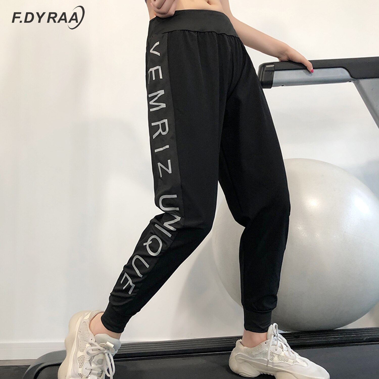 F. Dyraa Vrouwen Ademend Hoge Taille Sport Broek Mode Side Letter Gedrukt Hoge Stretch Jogger Mujer Broek Comfy Losse Broek