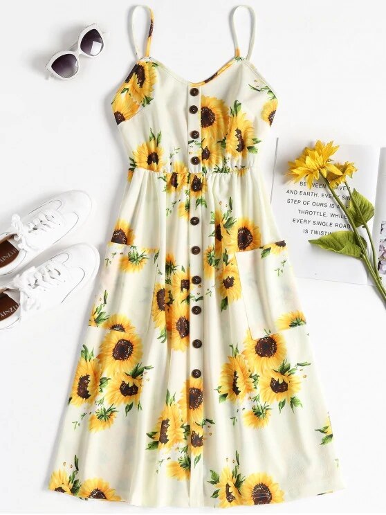 ZAFUL Boho Floral Print Summer Dress V Neck Pockets Sleeveless Midi Dresses Female Sunflower Pleated Backless Button Sexy Dress