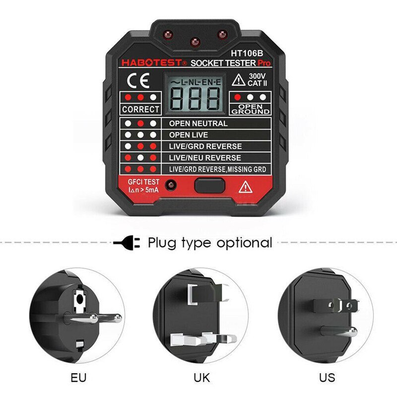 Socket Detector HT-106B Detector Power Polariteit Elektroscoop Rcd Elektrische Socket Tester Automatische Neutrale Live Aarde Draad Test