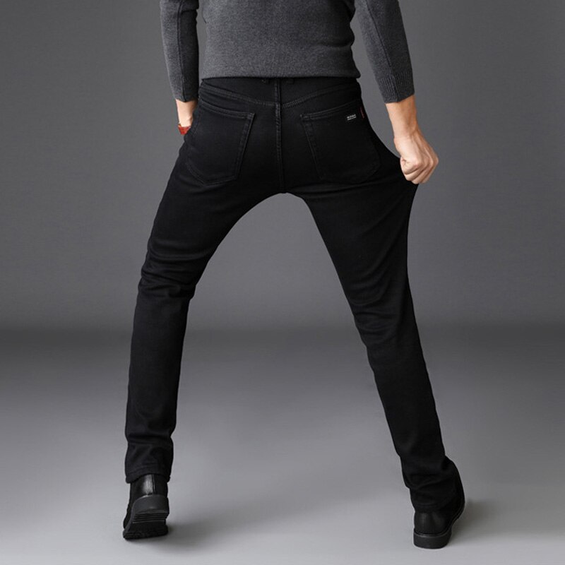 Men Black Slim Fit Stretch Thick Velvet Pants Elastic Warm Winter Jeans Jeans For Men Casual Business Fleece Jeans Homme