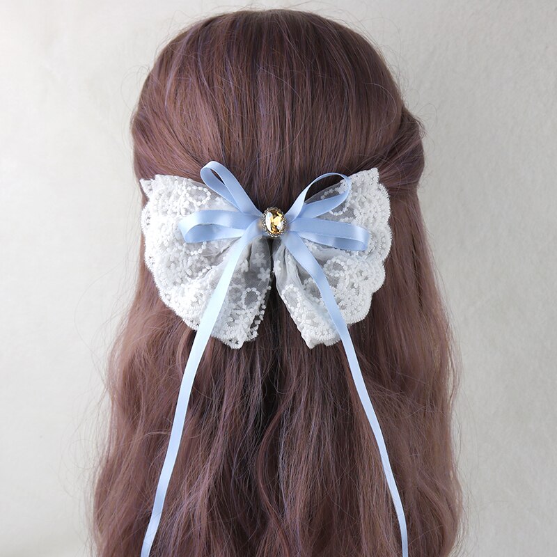 Japanse Lolita Meisje Lange Streamer Haarspeld Prinses Clip Handgemaakte Strik Kant Haar Accessoires Vrouwen Paardestaart Clip: Light Blue