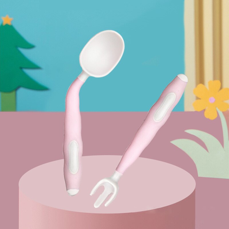 2 Teile/satz Baby Obst Gabel Löffel einstellen Nette Karikatur Baby Ausbildung Löffel Gabel Geschirr einstellen Gebogene Biegen Baby Utensil setzt: Rosa Weiß