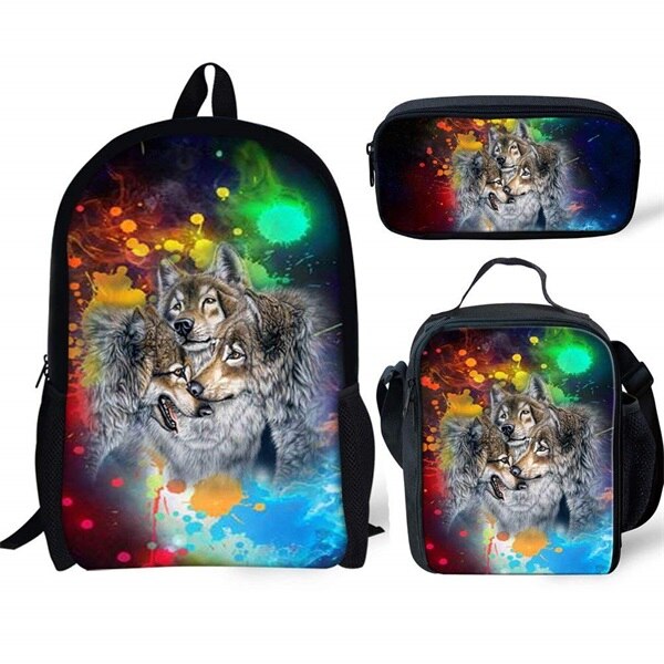 INSTANTARTS Cool Galaxy/Universe Wolf Print Schooltas voor Jongens 3 STUKS Set Rugzakken Kinderen Casual Middelbare School Student Rugzak: CC3222CGK