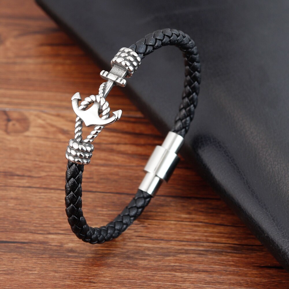 hommes bijoux Bracelet en cuir noir en acier inoxydable magnétique Simple boucle tissage modèle bracelets
