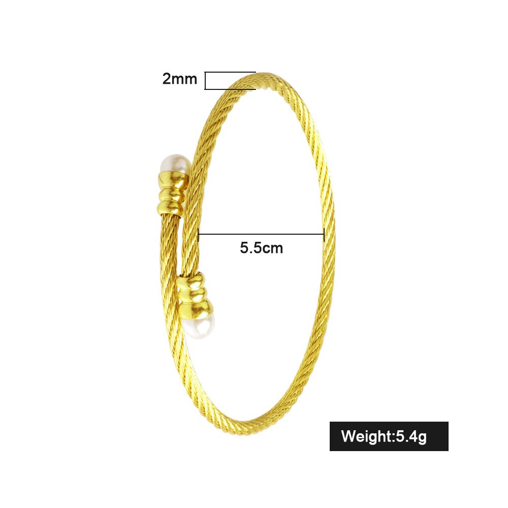 FINE4U B055 Adjustable Pearl Cuff Bracelet Bangles For Women 316L Stainless Steel Twisted Cable Bracelets: Gold-2mm