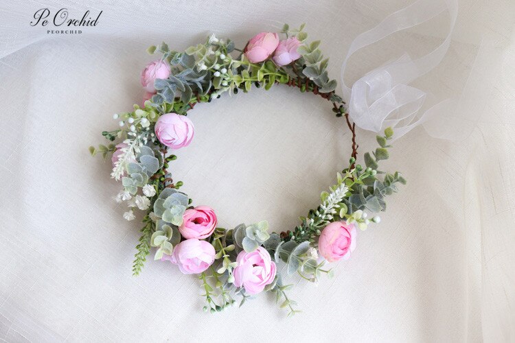 Peorchid konstgjord blomma krona hår vinstockar bröllop hår tillbehör för kvinnor brud krans huvudbonad brud pannband mariage: Rosa