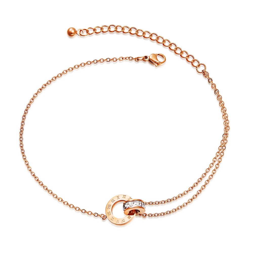 Mode Rose Goud Rvs Enkelbanden Dubbele Ronde Mozaïek Zirconia O-vormige Ketting vrouwen Voet Sieraden Meisje JL006