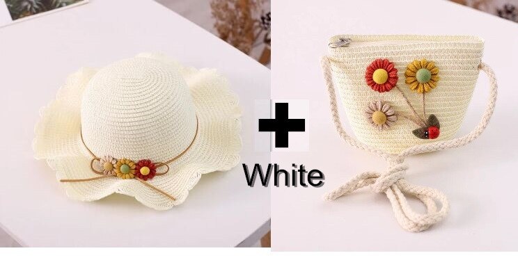 Chapeau et sacs en paille à fleurs pour enfants, ensemble deux pièces décontracté pour filles, sac à bandoulière + chapeau de soleil pour bébé, plage, panama, gorros: 005