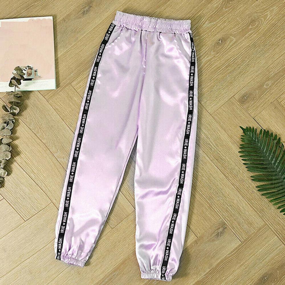 Women Baseball Pants Letter Pocket Elastic Waist Reflective Sport Ribbon Trousers Pants Sweatpants Streetwear