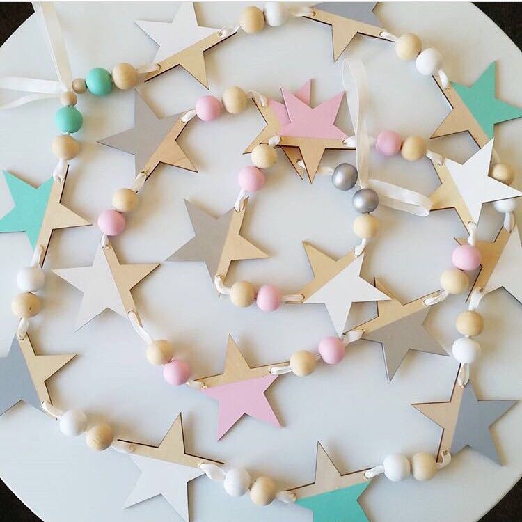 Ins Nodic Wooden Stars String Ornaments Newborn Baby In The Crib Infant Room Wall Decor Photography Props Baby Bedroom Decor