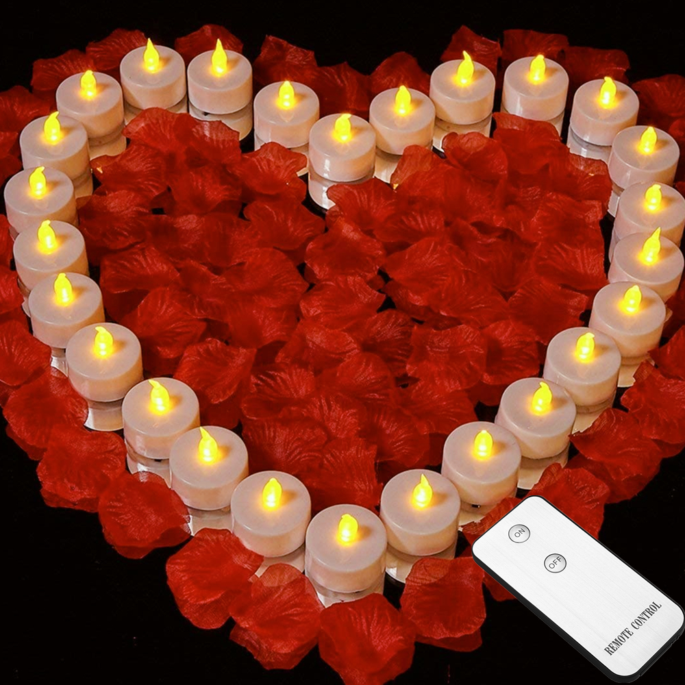 Velas LED con 100 piezas de pétalos de rosa artificiales, luces de té con batería, para propuesta de boda, Día de San Valentín, decoración del hogar, 24 piezas: Remote Control
