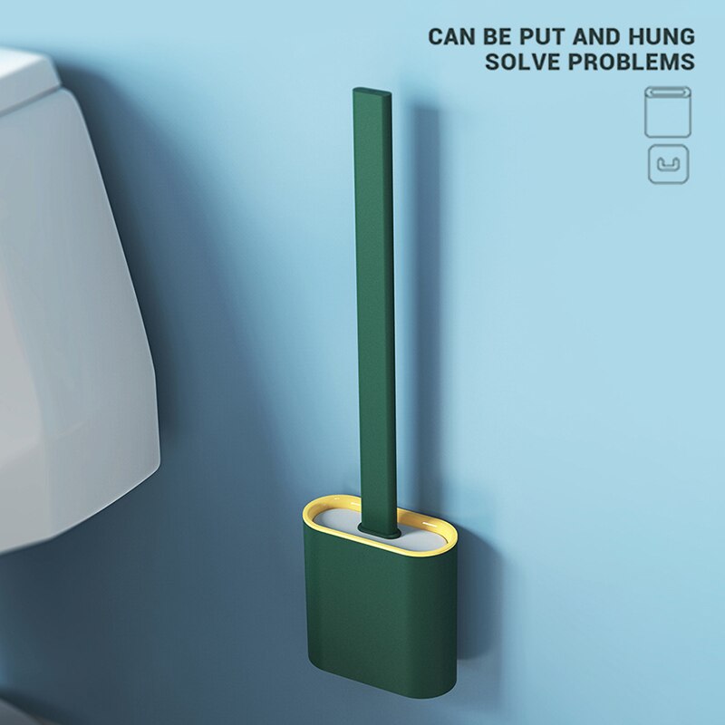 Silikone toilet toiletbørste fladt hoved fleksibel blød børste med hurtigtørrende holder sæt rengøringsbørste til toilet tilbehør