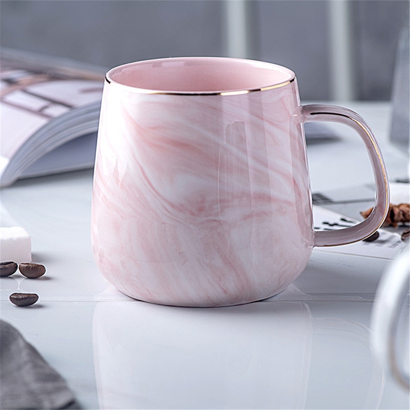 Luxury Marble Pattern Coffee Mug Gold Plated With Handle Ceramic Mugs Morning Milk Tea Cup Pink Gray Couple