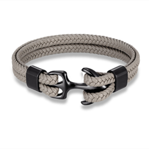 Mkendn Mode Lederen Armband Voor Mannen Black Braid Multilayer Touw Ketting Rvs Anker Mannelijke Sieraden Pulseras: Black Gray / 23cm
