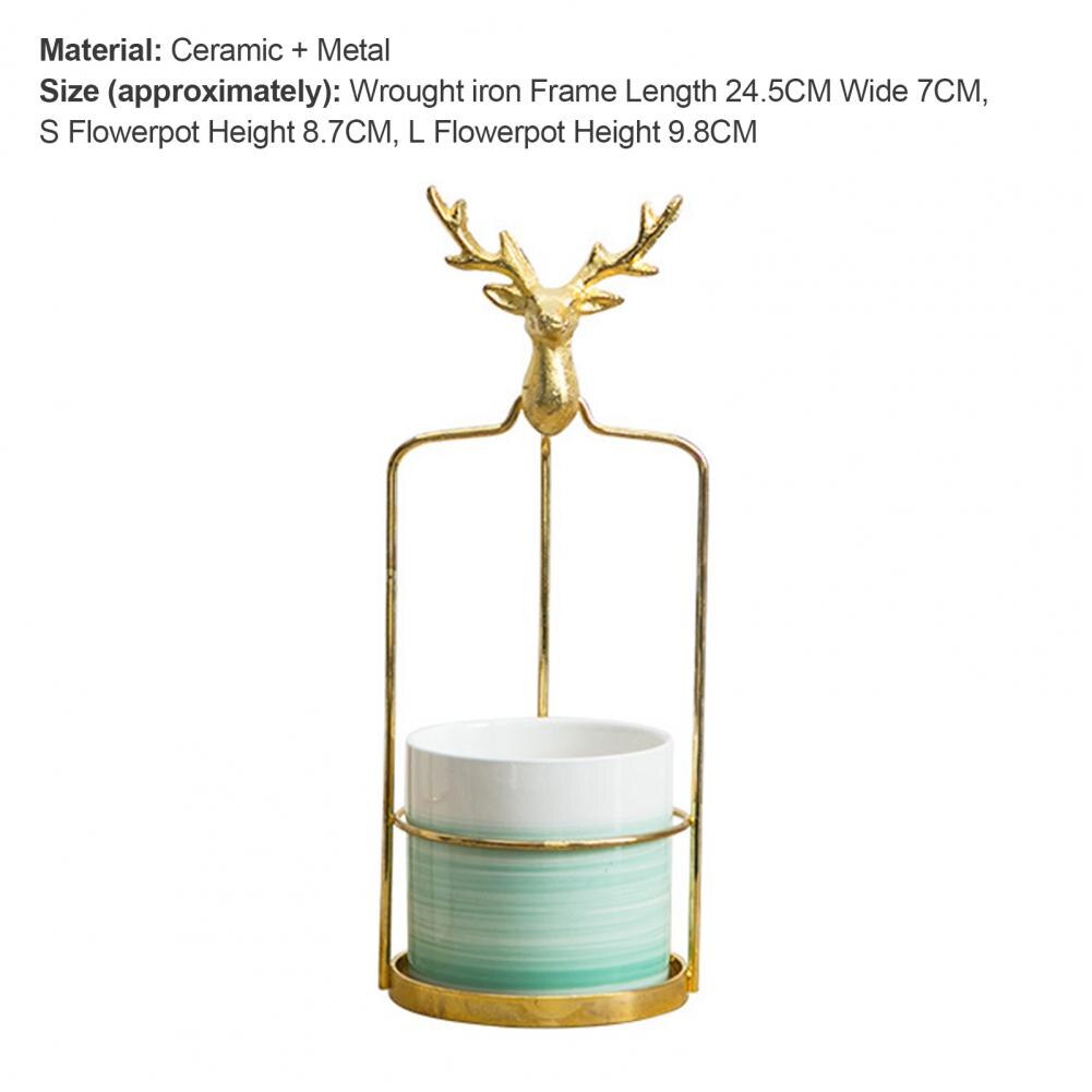 Maceta de cerámica con cabeza de ciervo decorativa, marco de hierro, maceta resistente para jardín