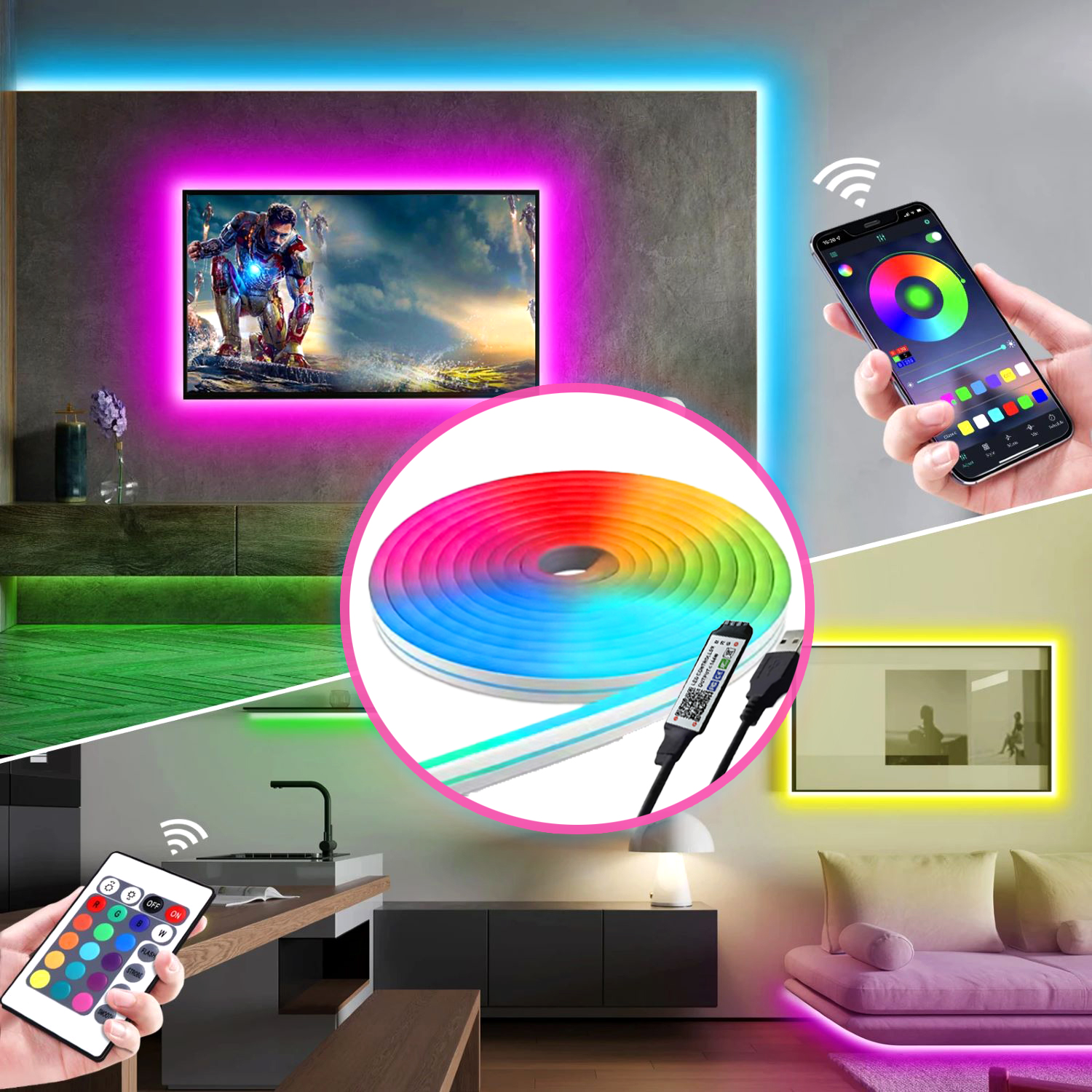 LED neon belt, flexible waterproof lighting, RGB dimming with application and remote control, built-in microphone voice control