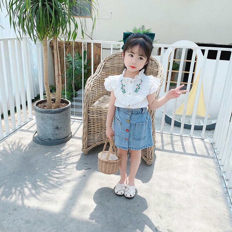 Falda vaquera de verano para niños, Pantalones vaqueros de una sola hilera de botones para niñas, falda acampanada, ropa informal para niñas pequeñas W130