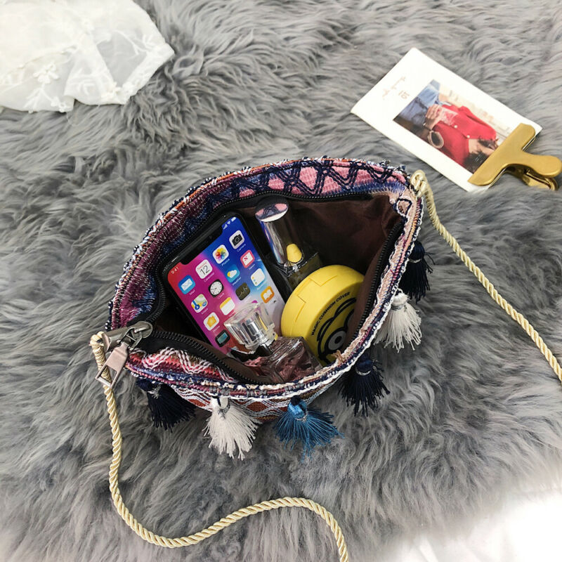 Dam axelväskor mini crossbody väskor bohemiska vävda etniska mönster väska tofs handväska /nr