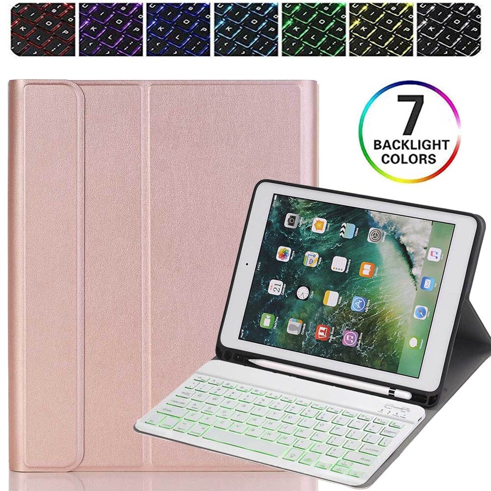 Wireless Keyboard For iPad 10.2 inch Case PU Leather Flip Stand Cover For iPad 7th Gen 10.2" Backlit Bluetooth Keyboard: Rose Gold-Backlit