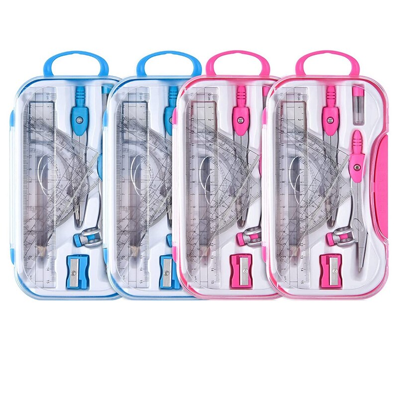 4 Set Math Geometry Kit Sets 10 Piece Drawing Tool Set Student Supplies with for Drafting and Drawings: Blue Rose Red