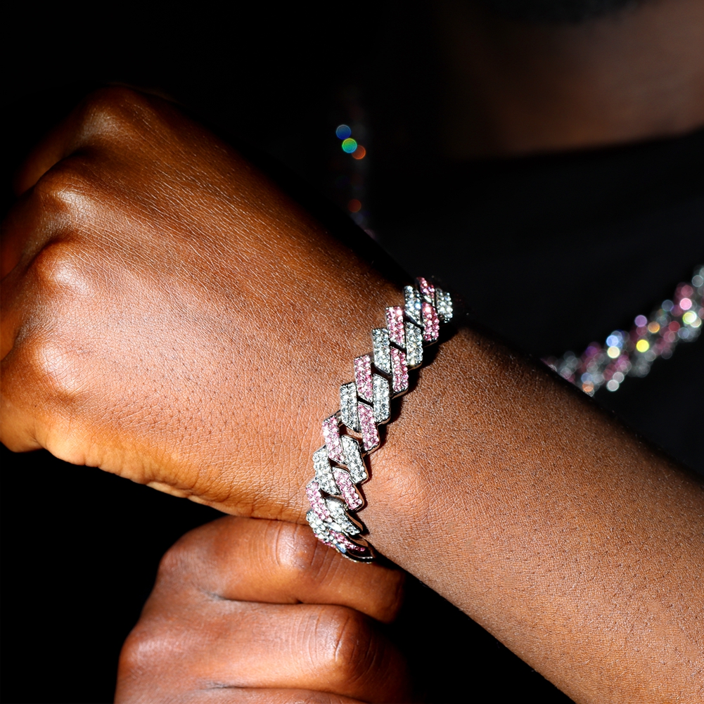 Pulsera de cadena de eslabones cubanos con punta de cristal helado rosa y azul a la para mujer, pulseras cubanas con diamantes de imitación ostentosos, joyería de Hip Hop