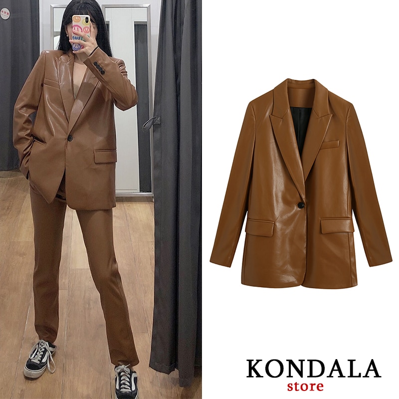 Damjacka za läder casual bruna jackor med enkel knapp pu långärmad varm kappa höst vinter blazer mujer