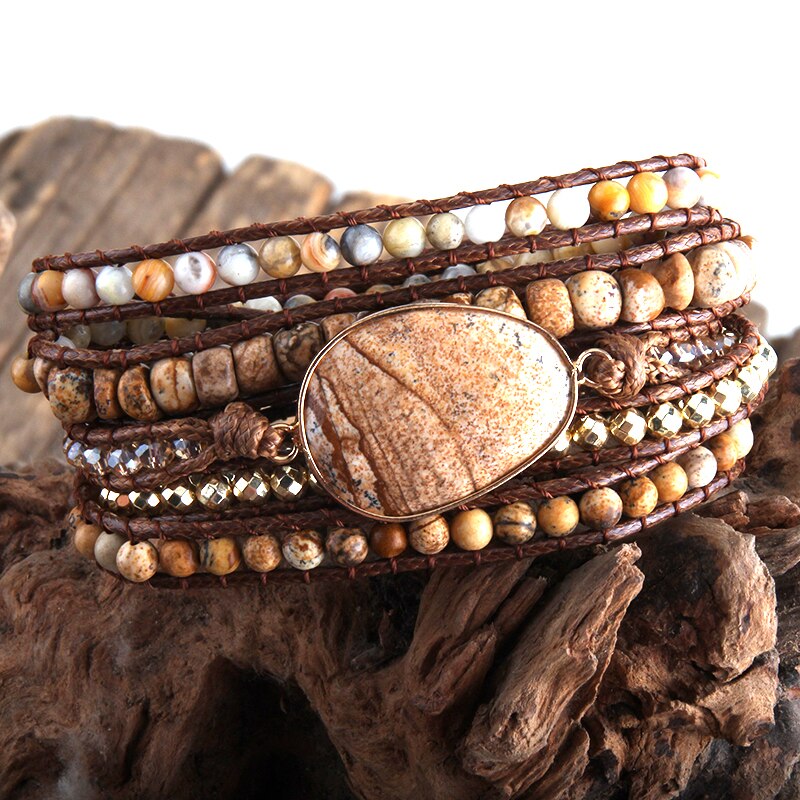 RH – Bracelet Boho de styliste, fait à la main, pierres naturelles mélangées, breloque enveloppante à 5 brins, pour femmes, directe: brown