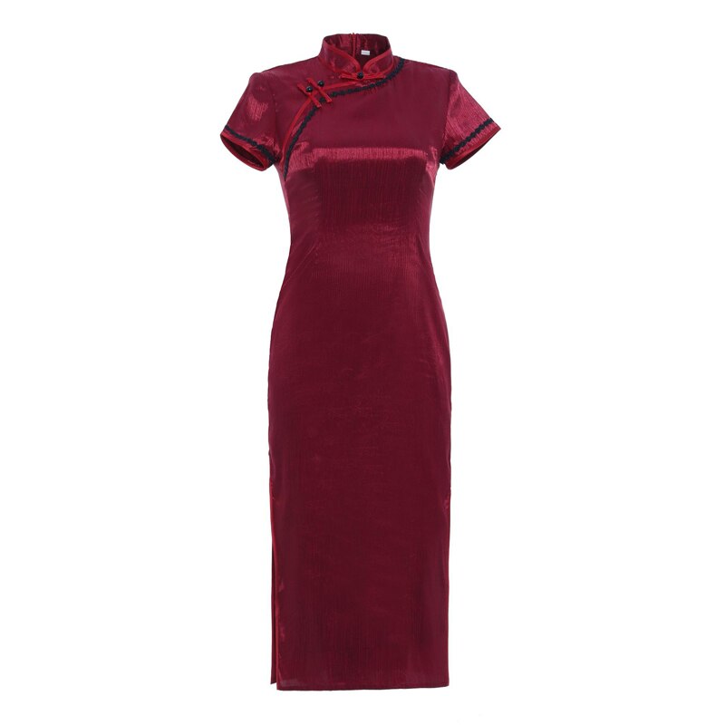 Cheongsam informal con cremallera en la espalda para mujer, vestido ajustado de manga corta con cuello de doble capa, estilo fino, liso, china, ropa de calle