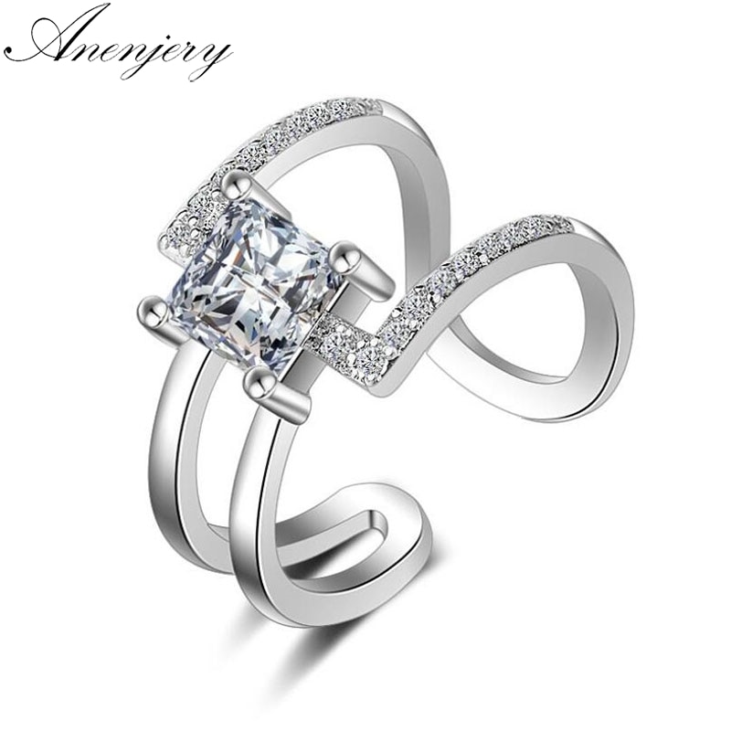 Anenjery Trendy Dazzling Square Zircon Geometric Mix and Match Rings For Women Genuine Silver Color Ring S-R326