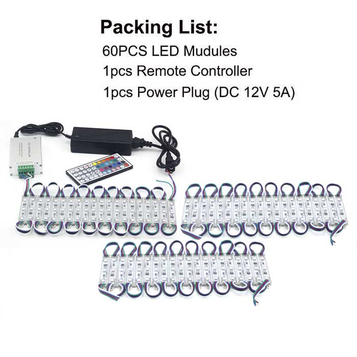 Led Modules Licht Rgb 5050 Smd 3Led DC12V Waterdichte Reclame Teken Lichten Winkel Venster Strip Lamp Module Lights Kit Rgb kleur: 60 PCS Kit