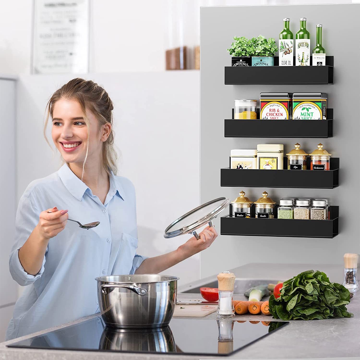 Zwart Magnetisch Opbergrek Koelkast Planken Kruiden Koelkast Zijplank Ijzer Huishoudelijke Ruimtebesparende Keuken Organizer Houder