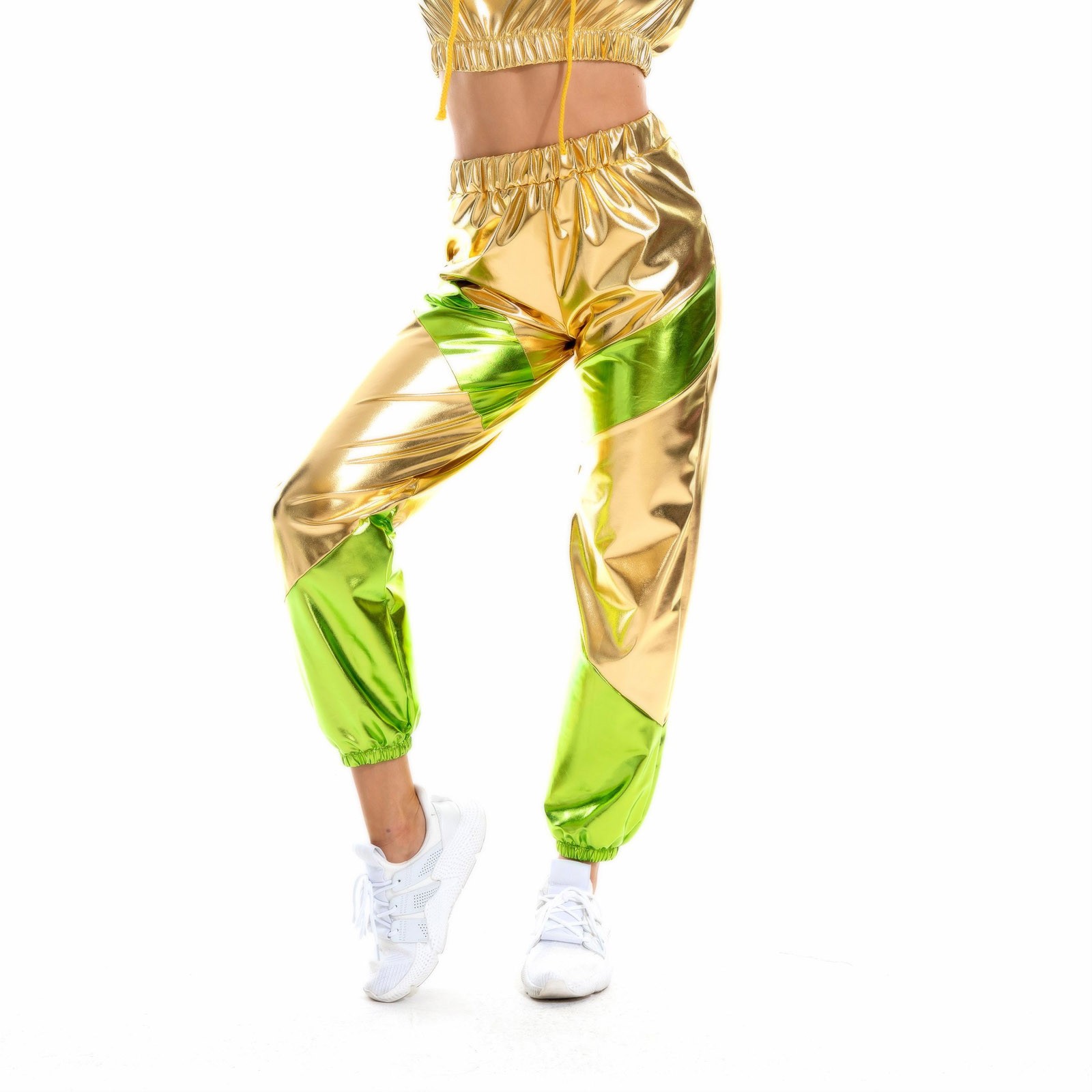 Metalliske skinnende damebukser holografisk natklub fritid gade hiphop fest patchwork rave outfits kvindelige lige bukser: L / Guld