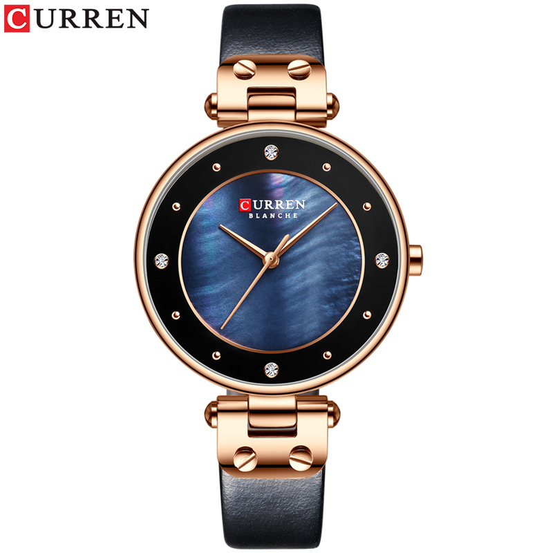 CURREN Eenvoudige Steentjes Charmant Horloge voor Dames Quartz Horloges Lederen Band Klok Vrouwelijke Horloge Dress Horloge: blue watch