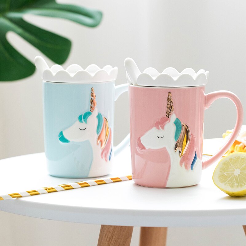 Kreative Bunte Einhorn Tassen Keramik Frühstück Milch Wasser Becher Küche Büro Drink Porzellan Kaffee Tassen Mit Deckel & Löffel