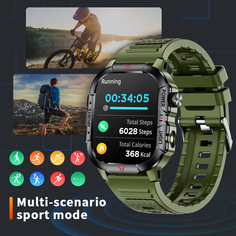 LIGE inteligentny zegarek latarka doprowadziło męskie zegarki wodoodporne 2.01-calowy ekran HD bransoletka zdrowotna wojskowy Smartwatch sportowy na świeżym powietrzu mężczyzna