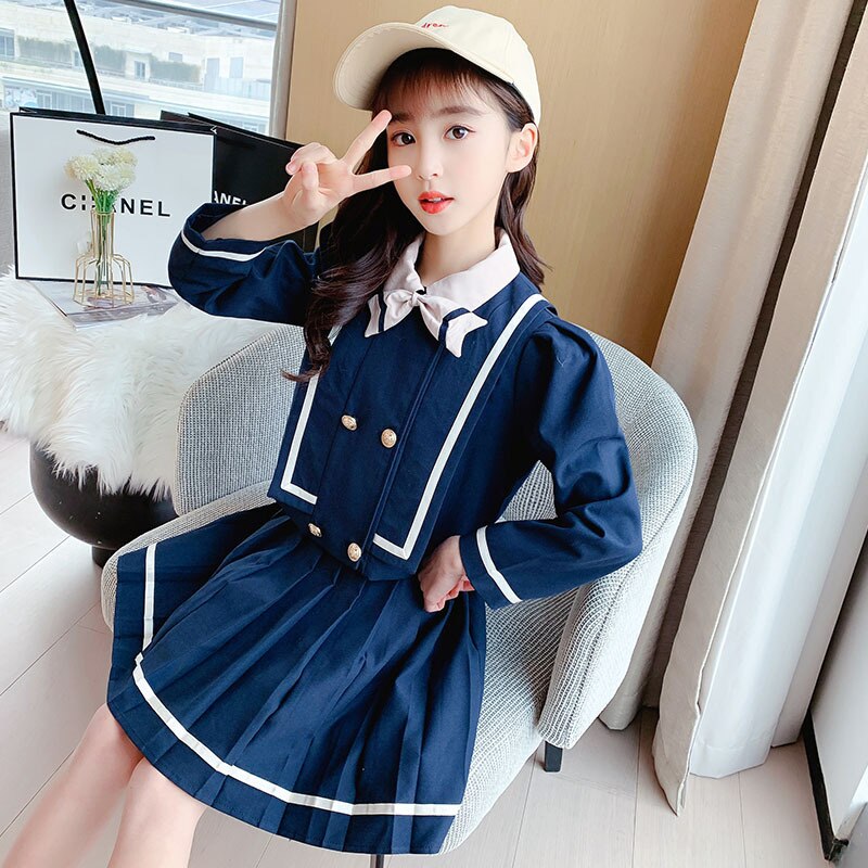 Ropa Formal para niña, conjuntos de 2 piezas, abrigo de , Falda plisada, trajes de para adolescentes de 5 a 14 años, primavera y otoño,: navy / 13 años