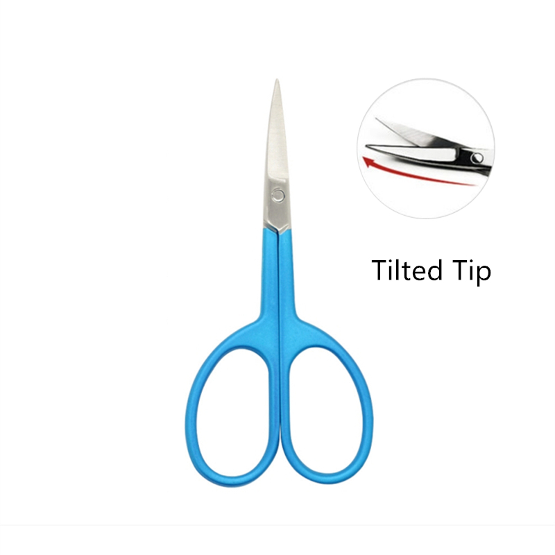 Tijeras de acero inoxidable para maquillaje de cejas, utensilio de belleza con punta inclinada pequeña, para manicura y corte de pelo facial, 1 ud.: Azul