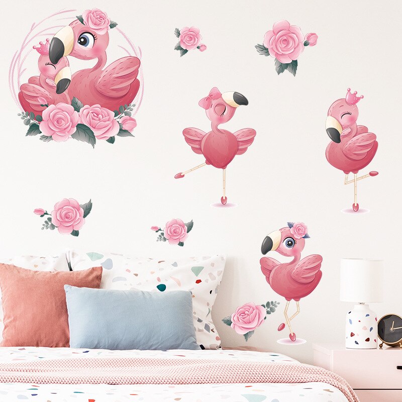 Cartoon Pink Swan Flower Wall Stickers Baby Kids Room Wall Decoration Wallpaper Girl Bedroom Living Room Nursery Stickers Decals