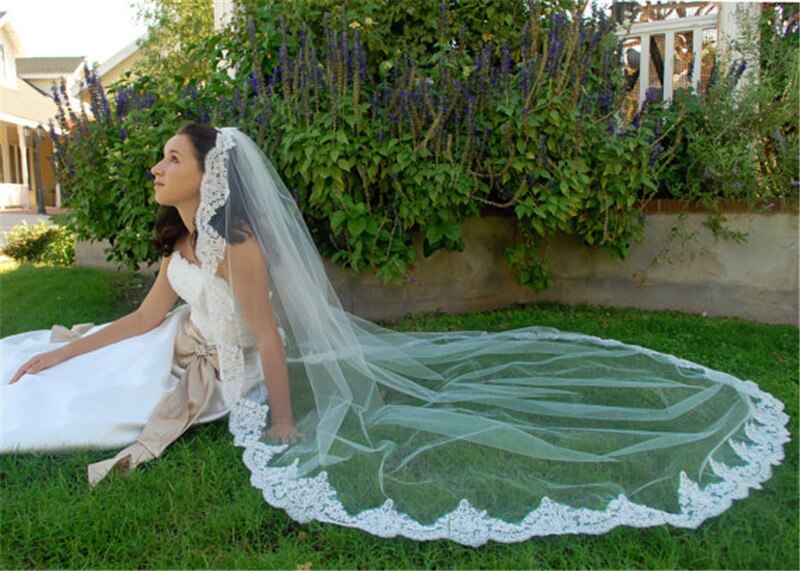 Velo de novia de cm con borde de encaje, velo de novia de una capa con peine, 250 metros, blanco/amarillo, 2,5