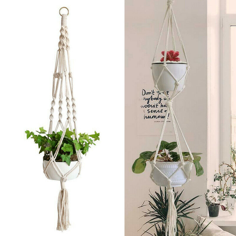 1 stk knyttet macrame planteophæng vintage bomuldshør urtepotte kurv løftereb boheme hængende kurv potteholder værktøj
