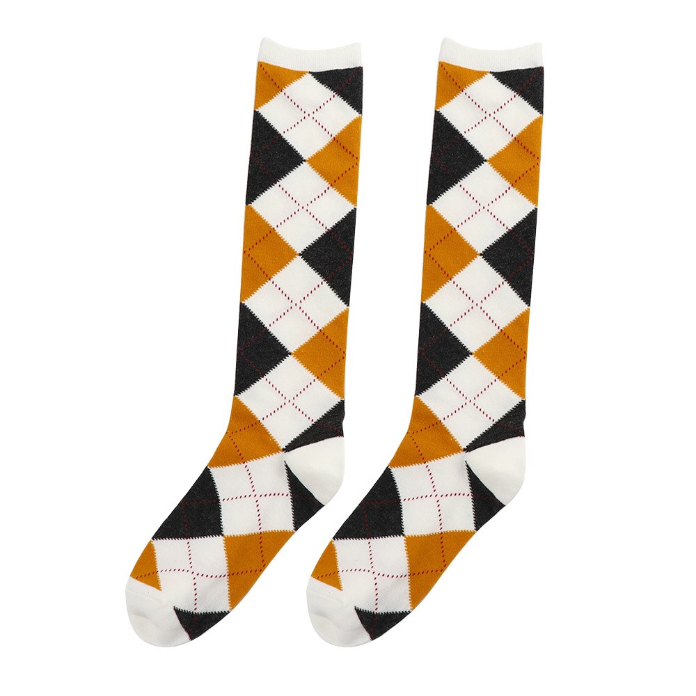 Girl JK Knee High Socks Stockings College Rhombus Plaid Knee Socks Women Keep Warm Female Sock Ladies Long Socks: B-yellow white