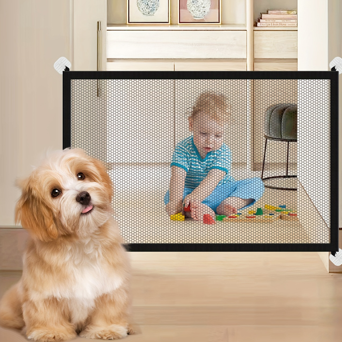 Baby Gate Portable Folding Safe Guard Dog Gate Protection Safety Products Mesh Magic Pet Gate Baby Fence Ingenious Mesh on TV